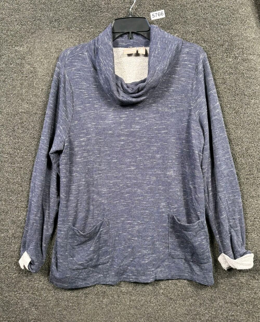 Chico's Cowl Neck Fleece Sweatshirt Womens Sz 2 US L Marled Blue Pockets Lined